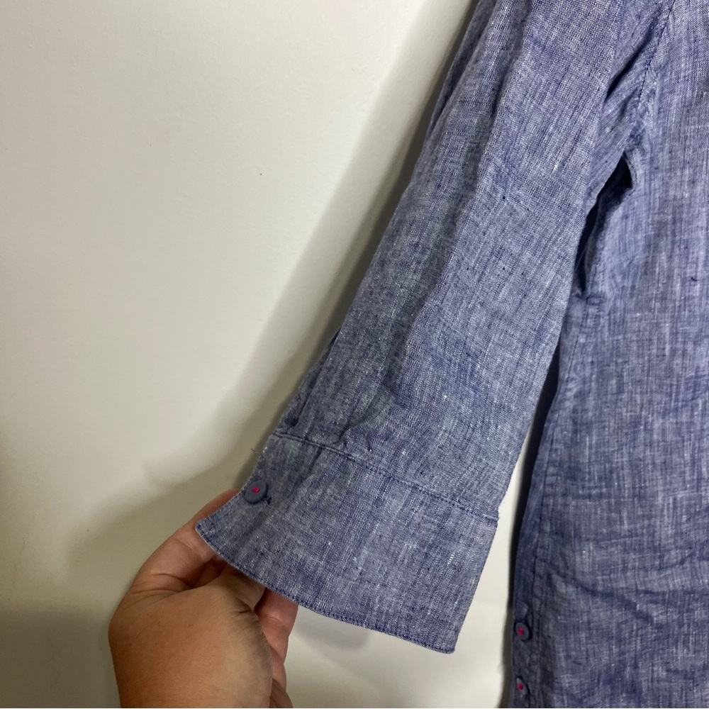 Chico’s 100% linen button down shirt tunic womens size 8-10 navy blue 3/4 sleeve - Picture 6 of 9